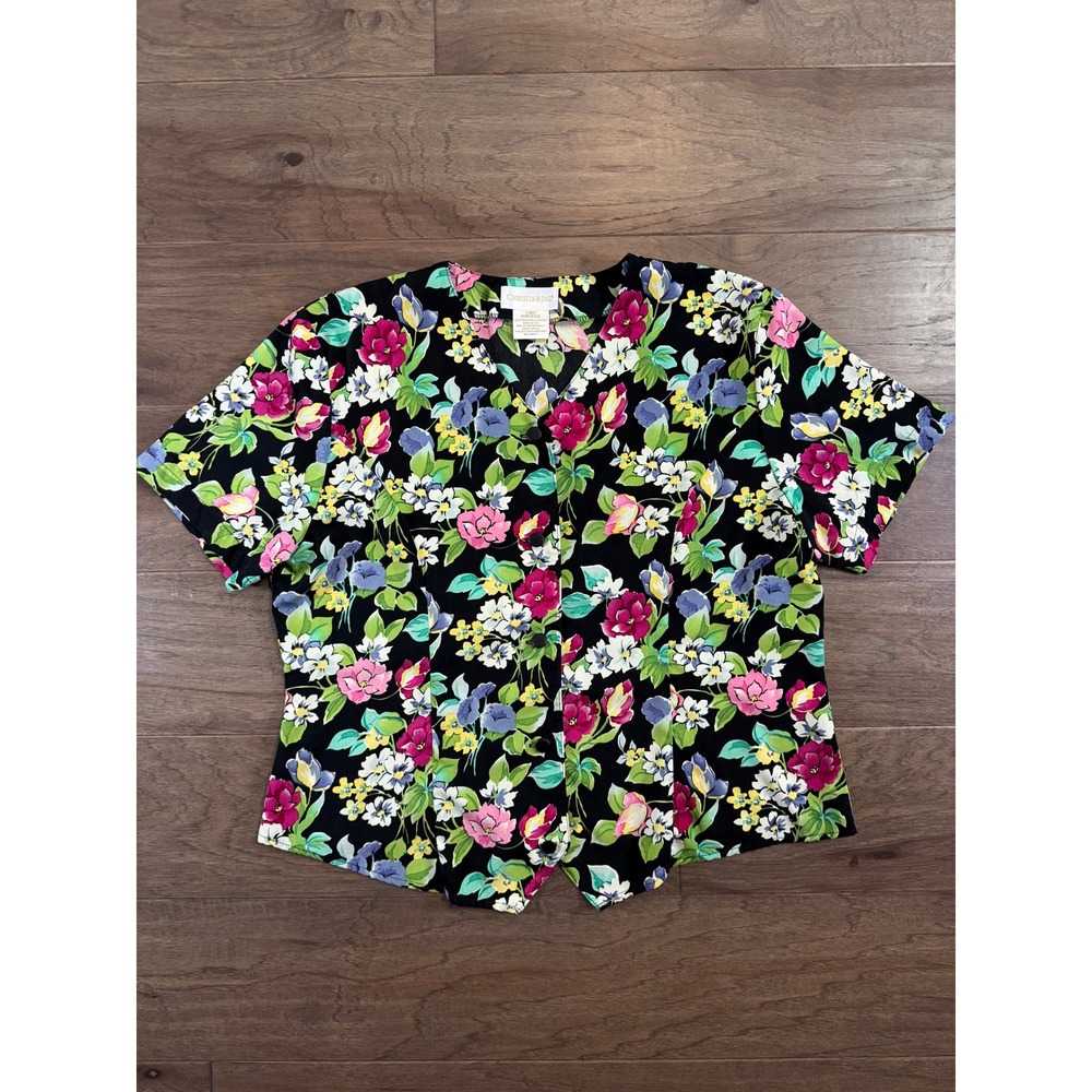 Christie & Jill Womens XL Floral Button Up Blouse Short Sleeve V-Neck Black